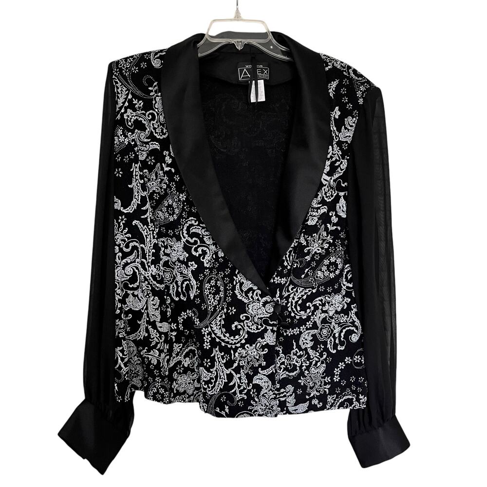 Alex Evenings Black Paisley Print Satin Shawl Collar Chiffon Long Sleeve Jacket